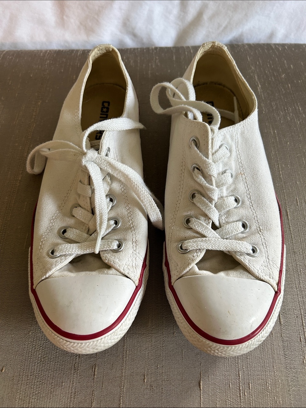 Converse White Canvas Low-Top Sneakers with Red Stripe